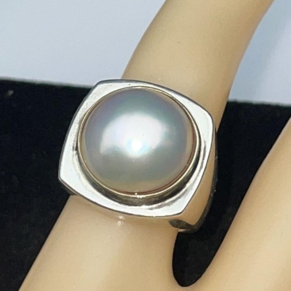 Sterling Silver W/ 14k Gold Bezel Pearl Ring - Size 6.75, 14.7g